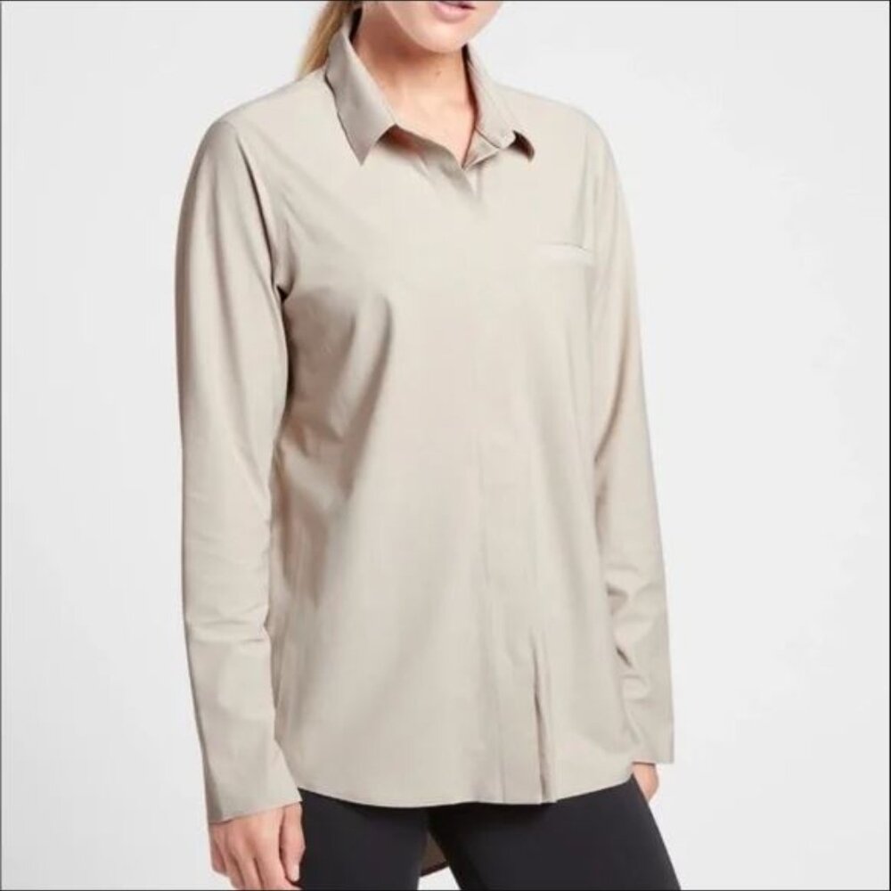 Athleta Urbanite UPF 50 Beige Long Sleeve Button Down Stretch Breathable XL